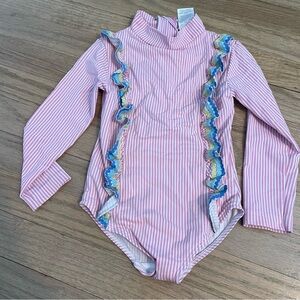 Mini Boden Striped Long Sleeve Ruffle One-Piece Swimsuit
